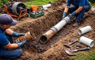 Plumbers working on sewer line repair